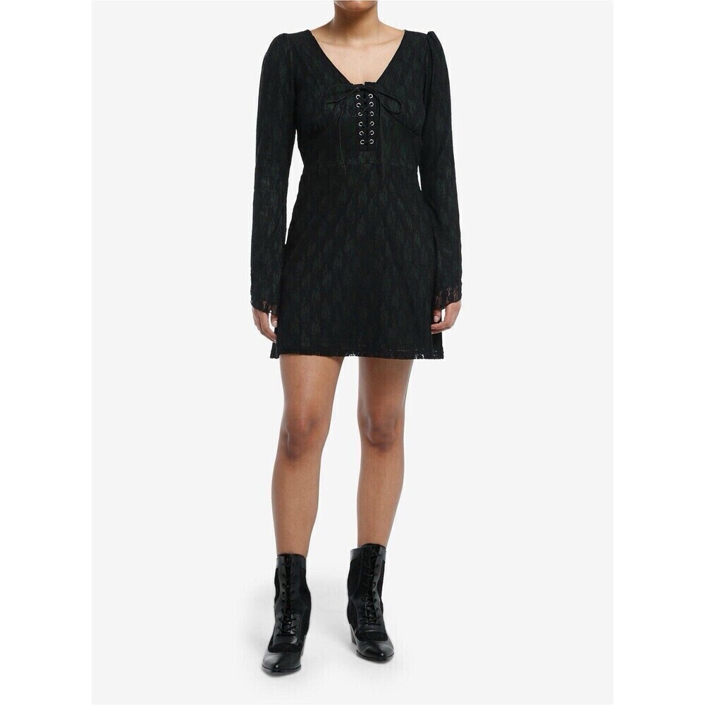 Black Green Lace-Up Hanky Hem Long Bell Sleeve Witchy Dress Mall Goth Grunge XL